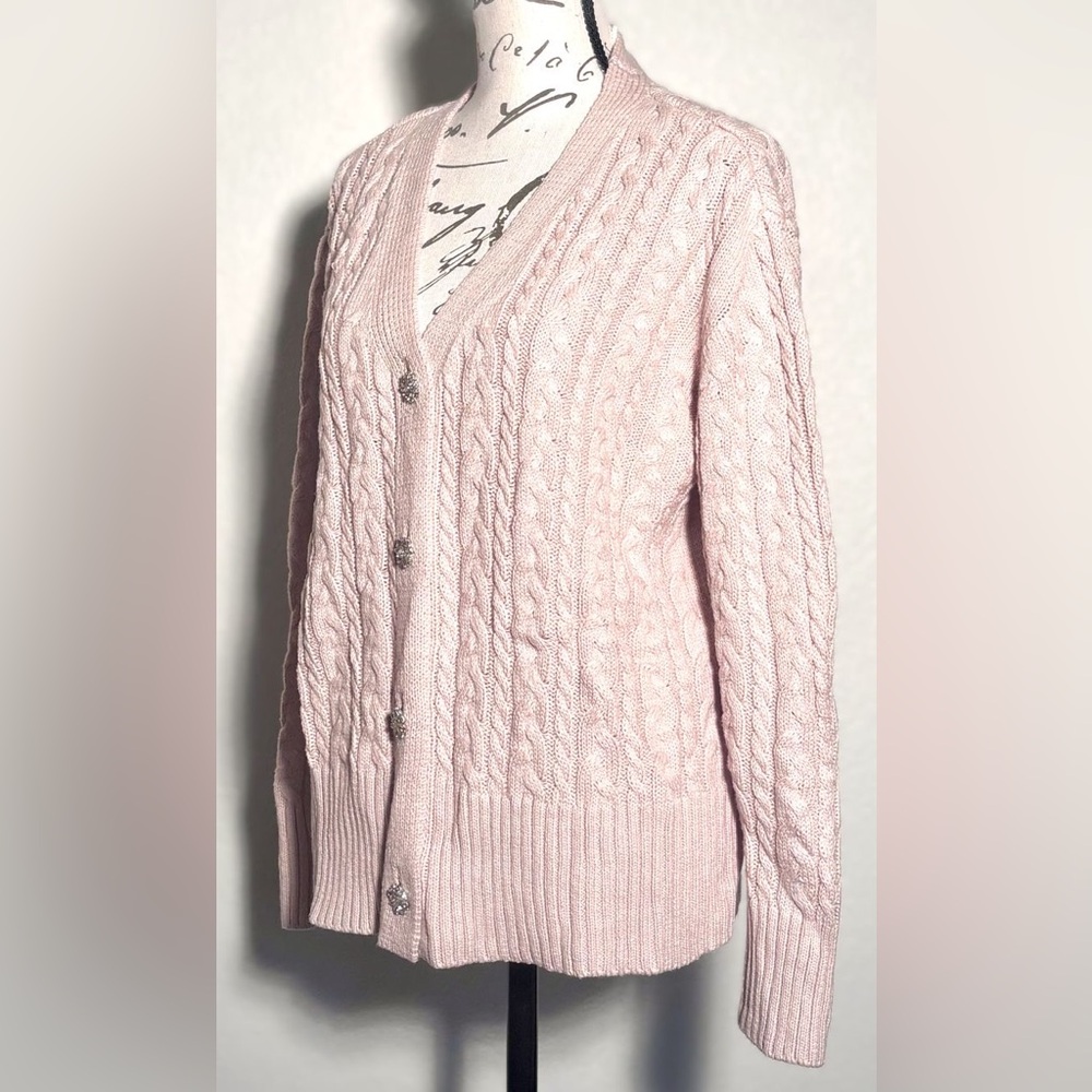 Anne Klein Ballet Pink Cable Knit V-Neck Cardigan Fancy Rhinestone Buttons NWT - Picture 3 of 7